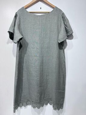 Giorgia Giannini Light Green Linen Shift Dress Crochet Trim 1X/XL Made in Italy